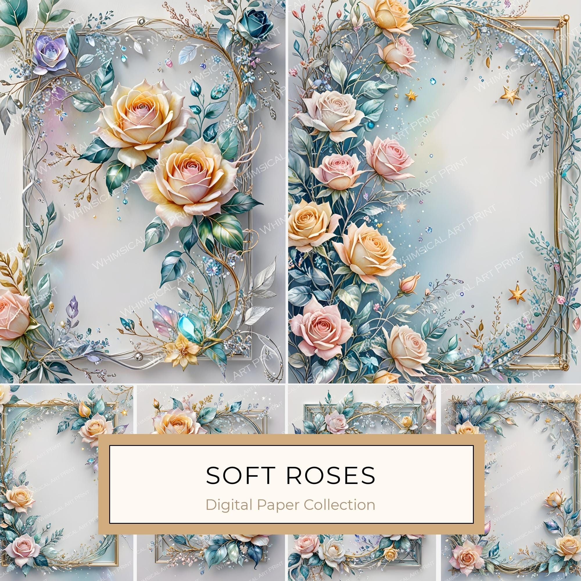 Watercolor Roses Digital Paper Set: Gold Frame, Pastel Scrapbooking (10 JPGs)