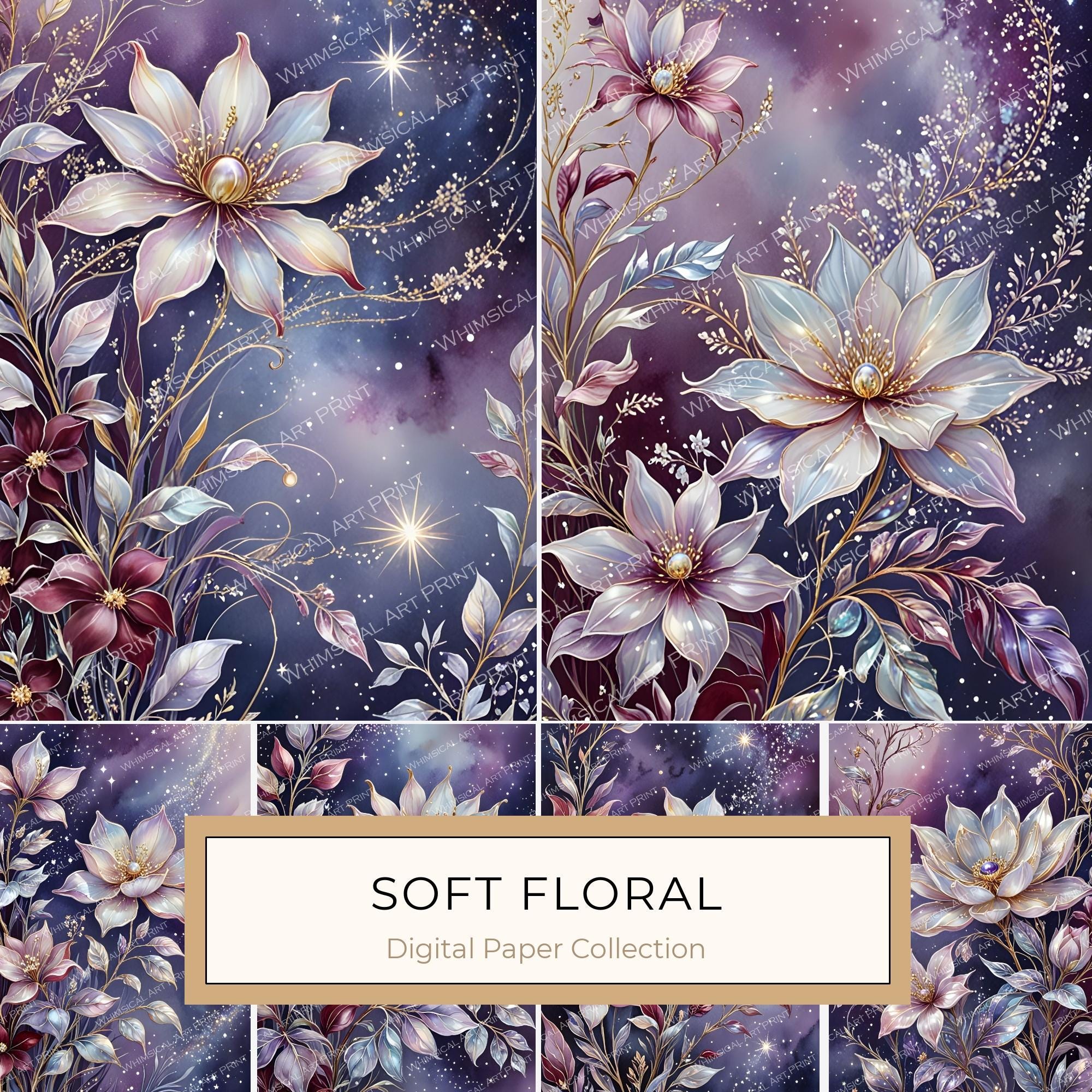 Floral Starry Watercolor Digital Paper Set: Purple & White (10 JPGs) (Commercial Use)