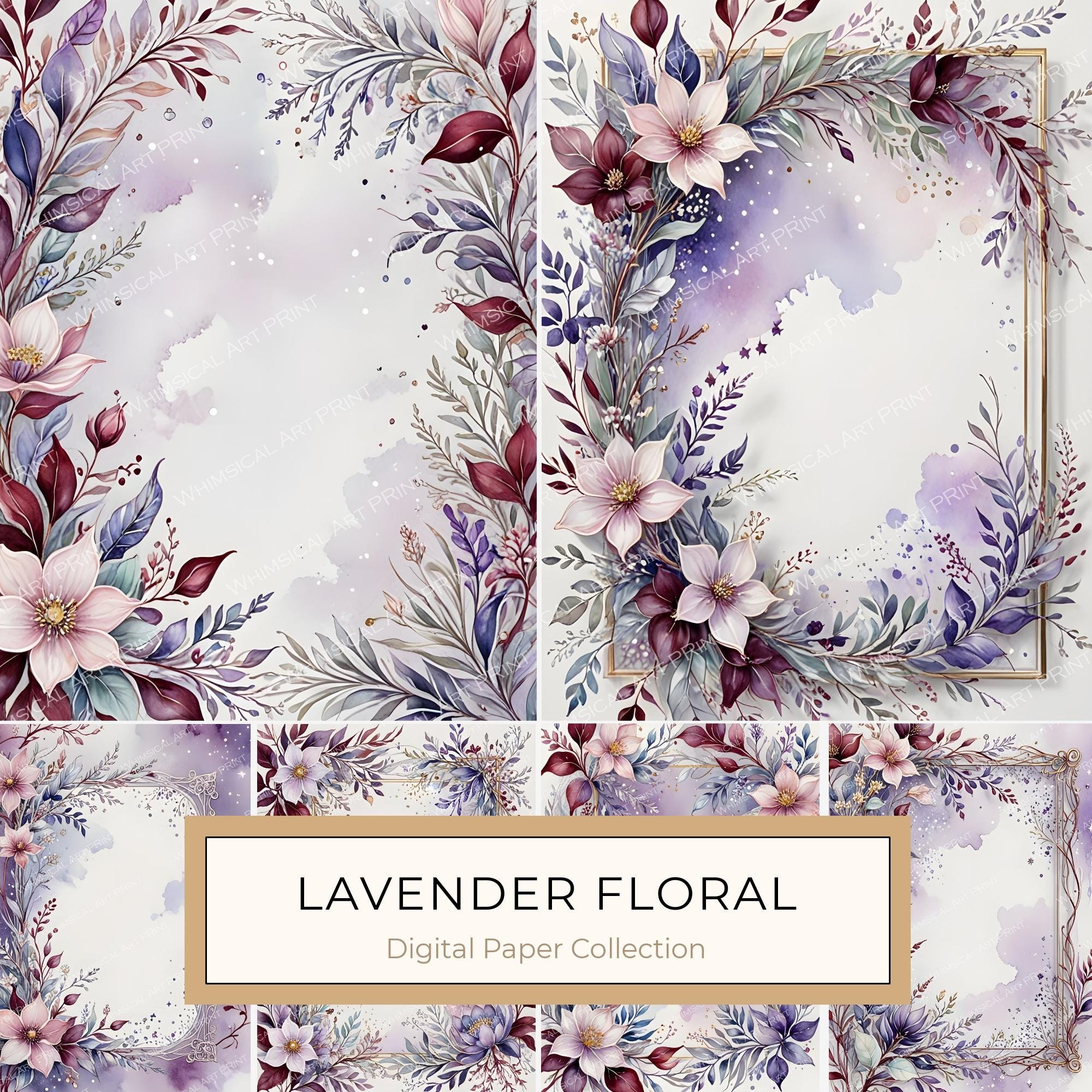 Watercolor Floral Frame Set: Lavender & Pink Digital Paper (10 JPGs)