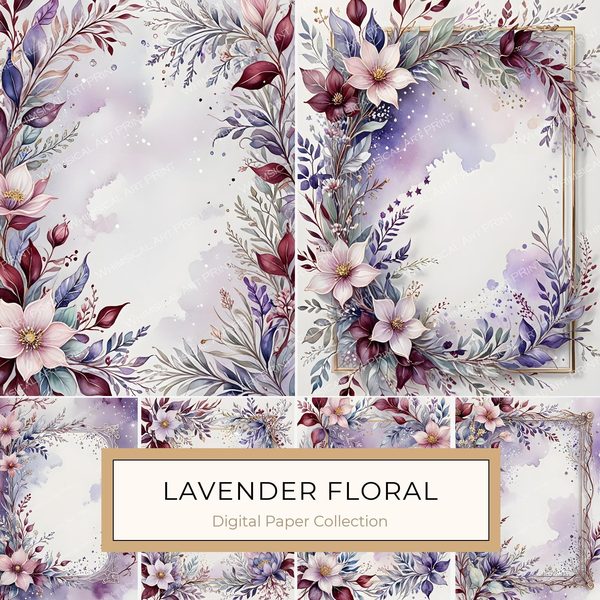 Watercolor Floral Frame Set: Lavender & Pink Digital Paper (10 JPGs)