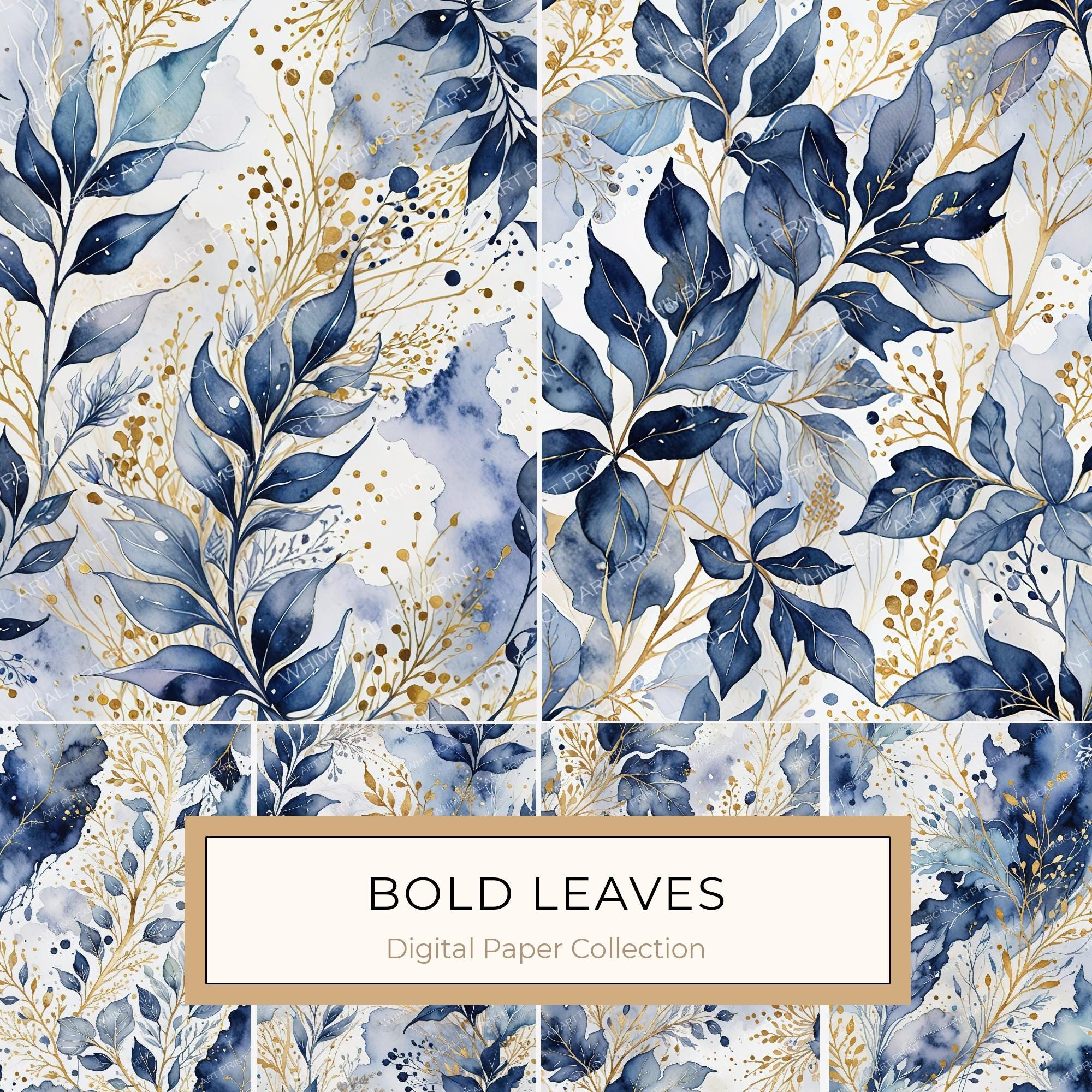 Watercolor Blue Leaves Digital Paper: Gold Accent Scrapbook Set (10 JPGs)