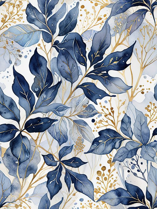 Watercolor Blue Leaves Digital Paper: Gold Accent Scrapbook Set (10 JPGs) — image 1