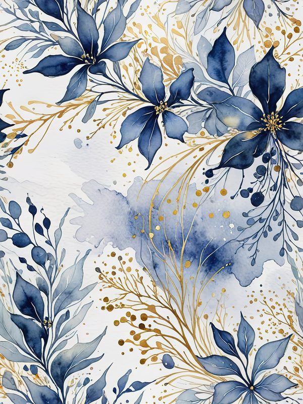 Watercolor Blue Leaves Digital Paper: Gold Accent Scrapbook Set (10 JPGs) — image 2