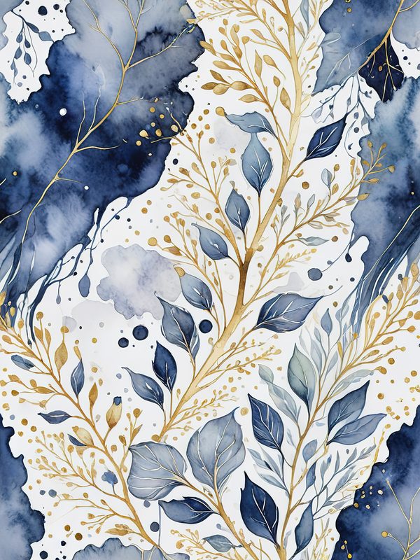 Watercolor Blue Leaves Digital Paper: Gold Accent Scrapbook Set (10 JPGs) — image 3