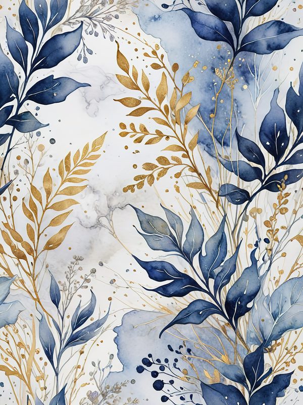Watercolor Blue Leaves Digital Paper: Gold Accent Scrapbook Set (10 JPGs) — image 4