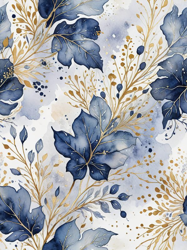 Watercolor Blue Leaves Digital Paper: Gold Accent Scrapbook Set (10 JPGs) — image 5