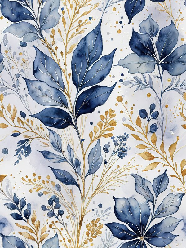 Watercolor Blue Leaves Digital Paper: Gold Accent Scrapbook Set (10 JPGs) — image 6