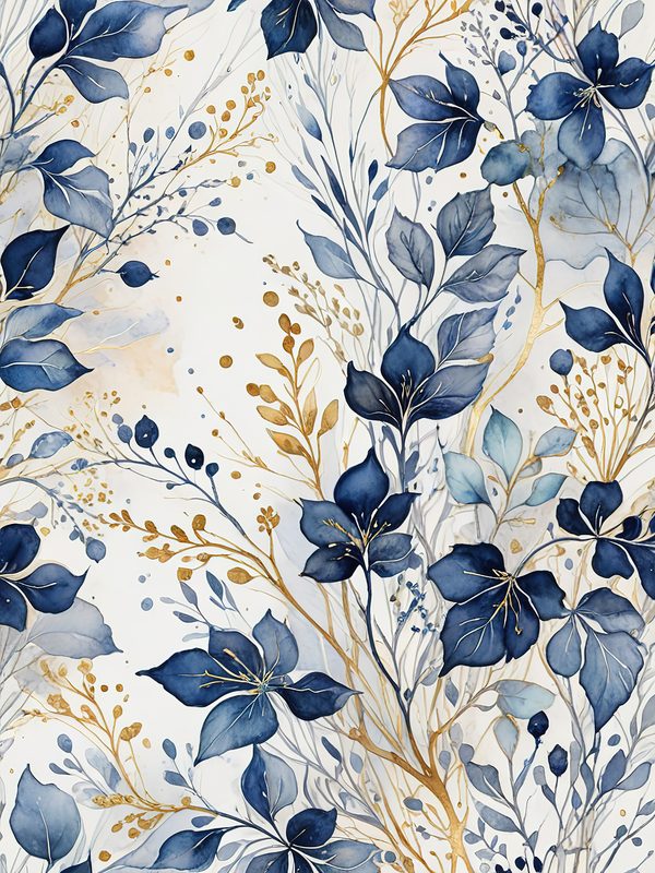 Watercolor Blue Leaves Digital Paper: Gold Accent Scrapbook Set (10 JPGs) — image 7