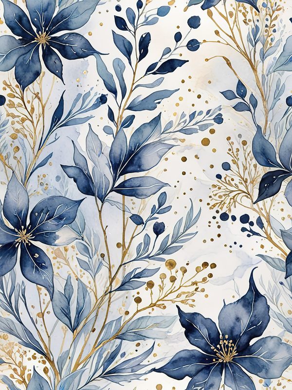 Watercolor Blue Leaves Digital Paper: Gold Accent Scrapbook Set (10 JPGs) — image 8