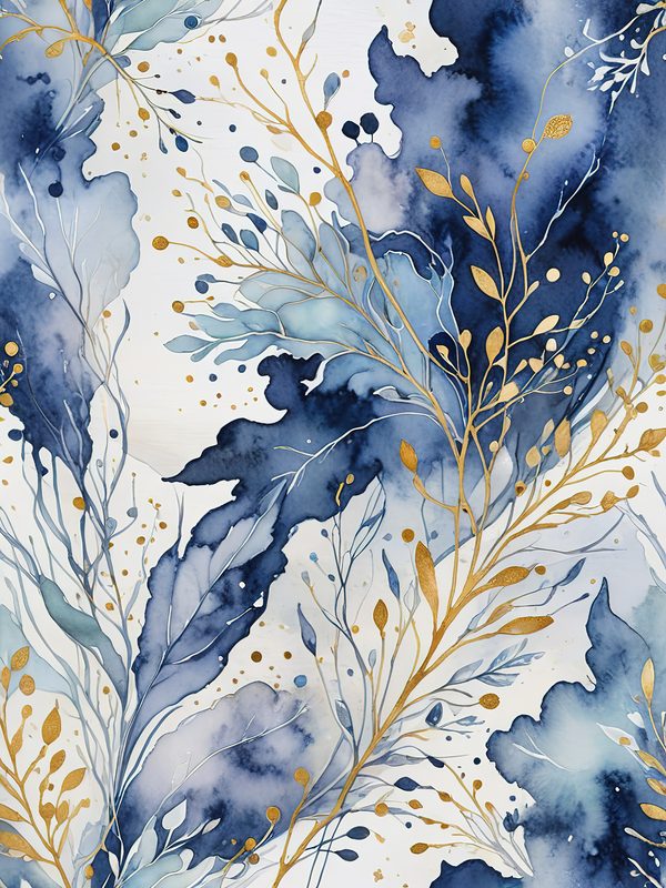 Watercolor Blue Leaves Digital Paper: Gold Accent Scrapbook Set (10 JPGs) — image 9