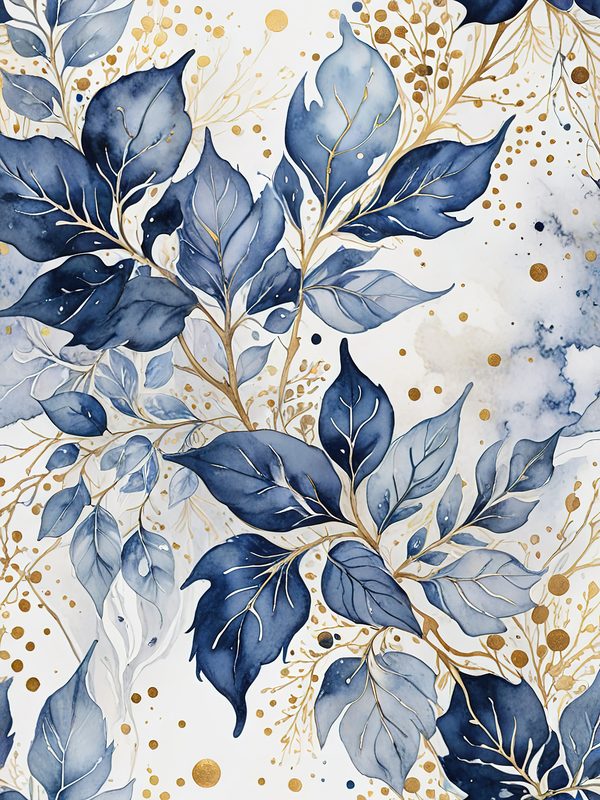 Watercolor Blue Leaves Digital Paper: Gold Accent Scrapbook Set (10 JPGs) — image 10