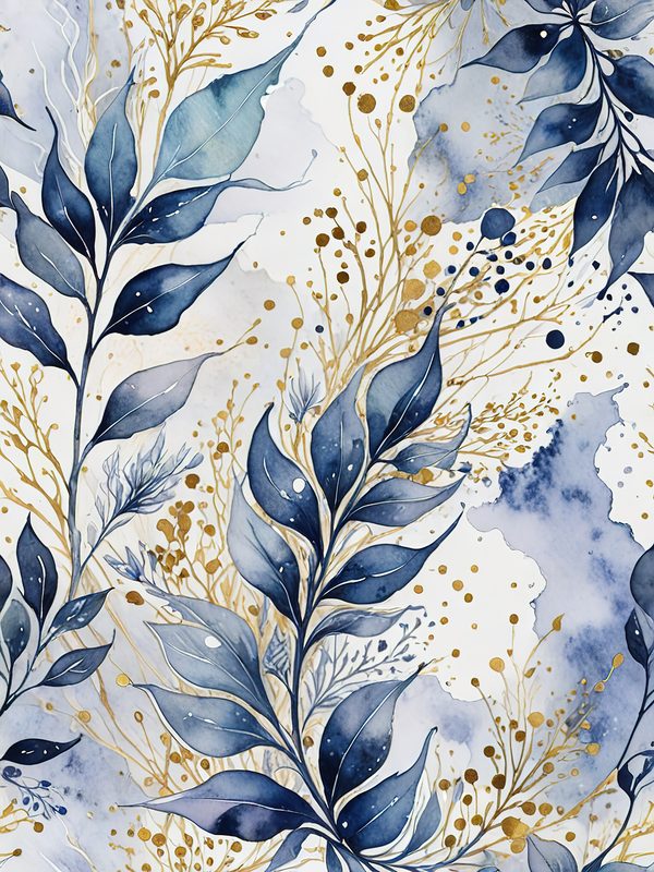 Watercolor Blue Leaves Digital Paper: Gold Accent Scrapbook Set (10 JPGs) — image 11