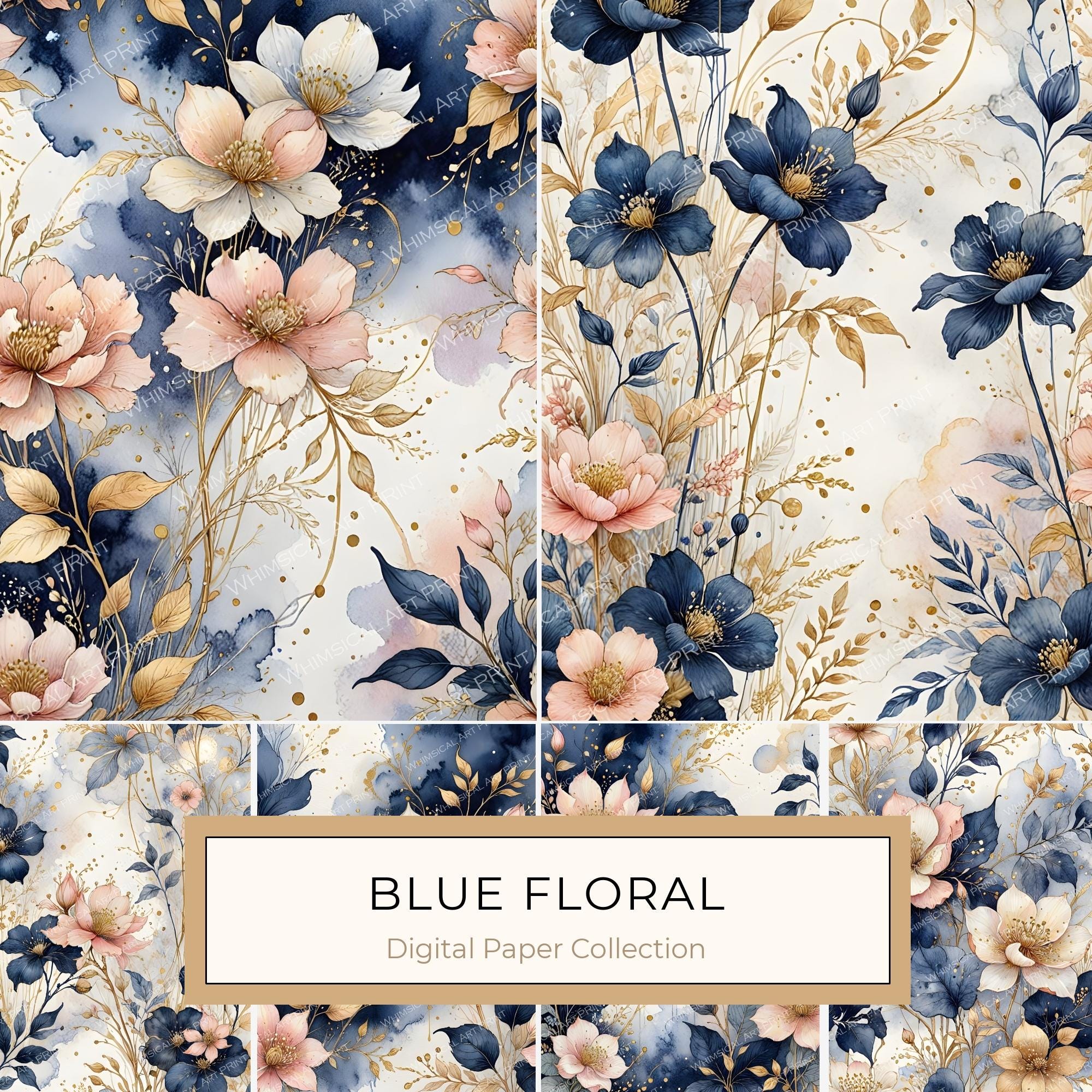 Watercolor Floral Digital Paper Set: Blue & Pink with Gold (10 JPGs)