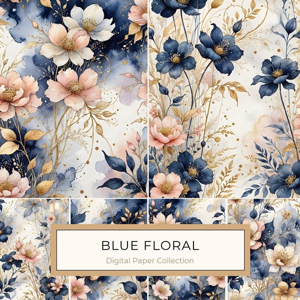 Watercolor Floral Digital Paper Set: Blue & Pink with Gold (10 JPGs)