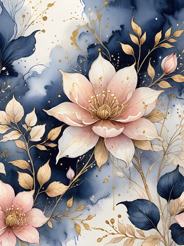 Watercolor Floral Digital Paper Set: Blue & Pink with Gold (10 JPGs) — image 1