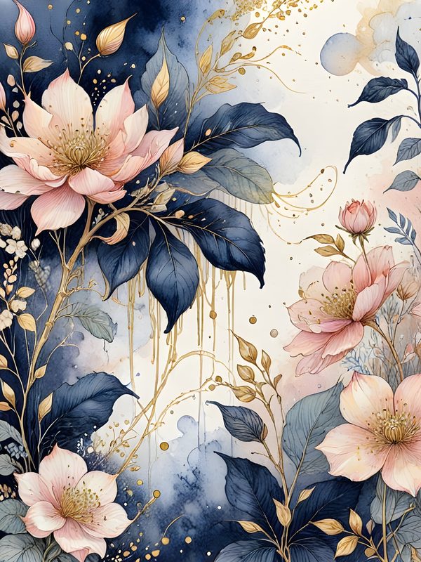 Watercolor Floral Digital Paper Set: Blue & Pink with Gold (10 JPGs) — image 2