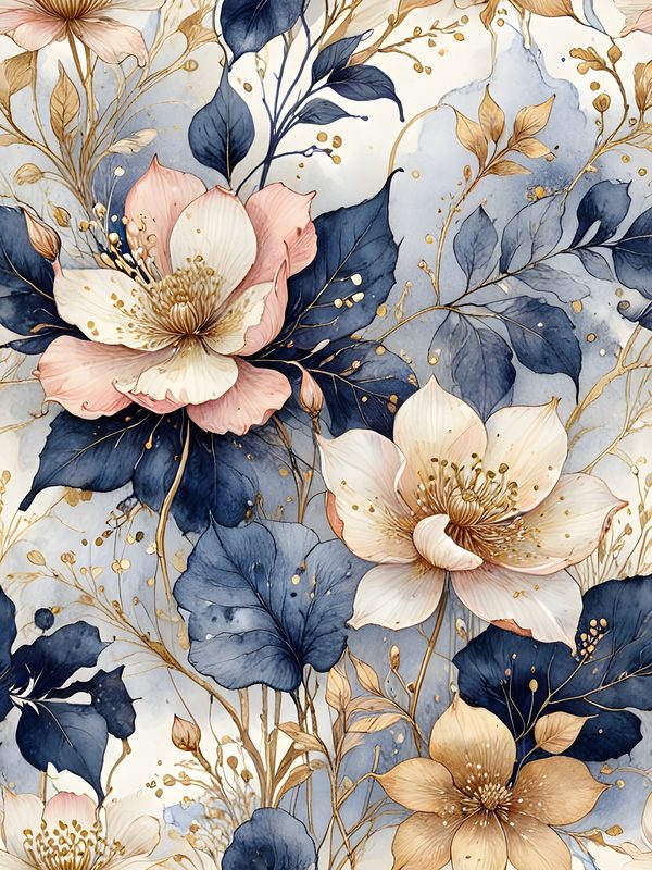 Watercolor Floral Digital Paper Set: Blue & Pink with Gold (10 JPGs) — image 3