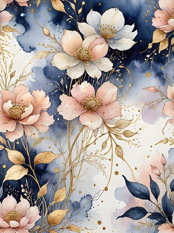 Watercolor Floral Digital Paper Set: Blue & Pink with Gold (10 JPGs) — image 4
