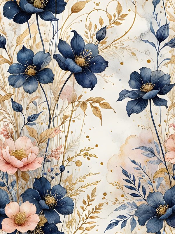 Watercolor Floral Digital Paper Set: Blue & Pink with Gold (10 JPGs) — image 5