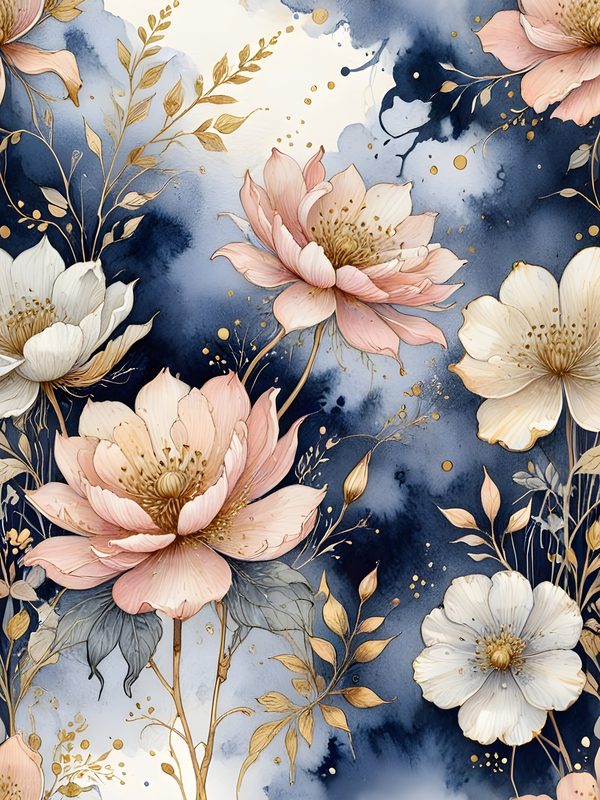 Watercolor Floral Digital Paper Set: Blue & Pink with Gold (10 JPGs) — image 6