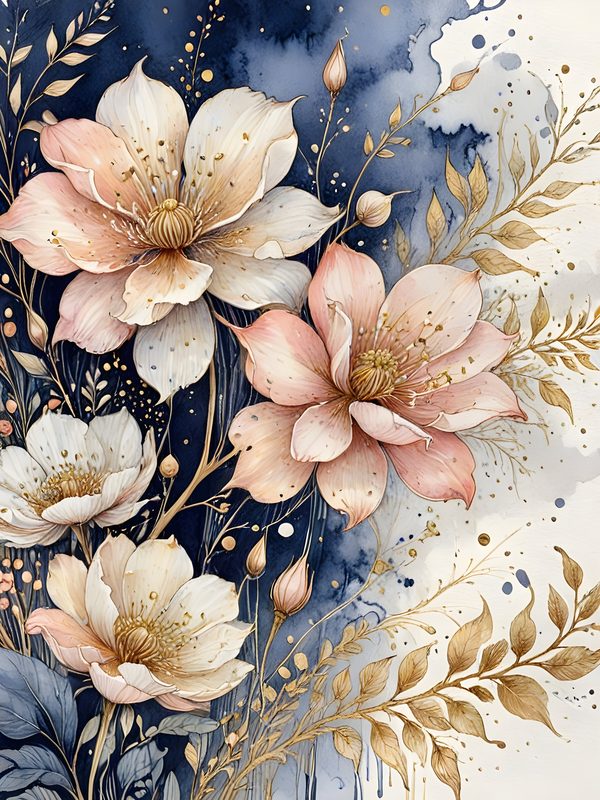 Watercolor Floral Digital Paper Set: Blue & Pink with Gold (10 JPGs) — image 7