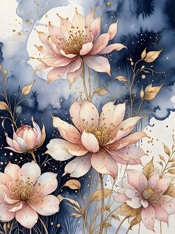 Watercolor Floral Digital Paper Set: Blue & Pink with Gold (10 JPGs) — image 8