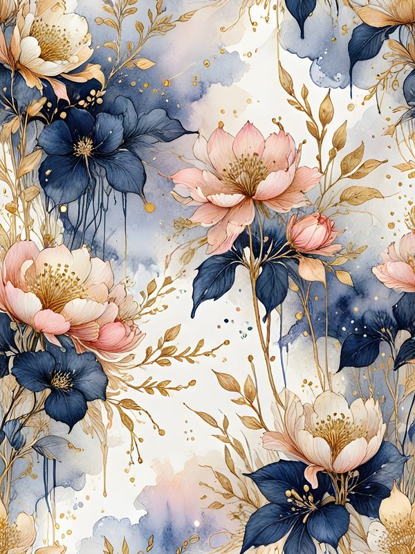 Watercolor Floral Digital Paper Set: Blue & Pink with Gold (10 JPGs) — image 9