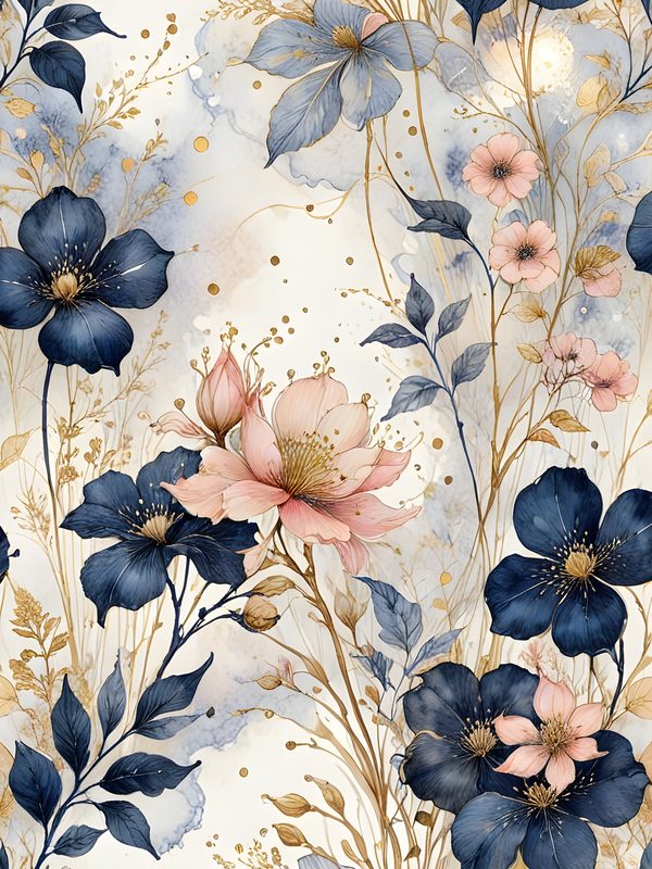 Watercolor Floral Digital Paper Set: Blue & Pink with Gold (10 JPGs) — image 10
