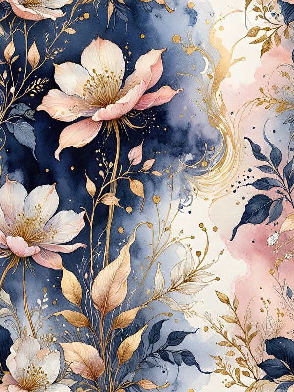 Watercolor Floral Digital Paper Set: Blue & Pink with Gold (10 JPGs) — image 12