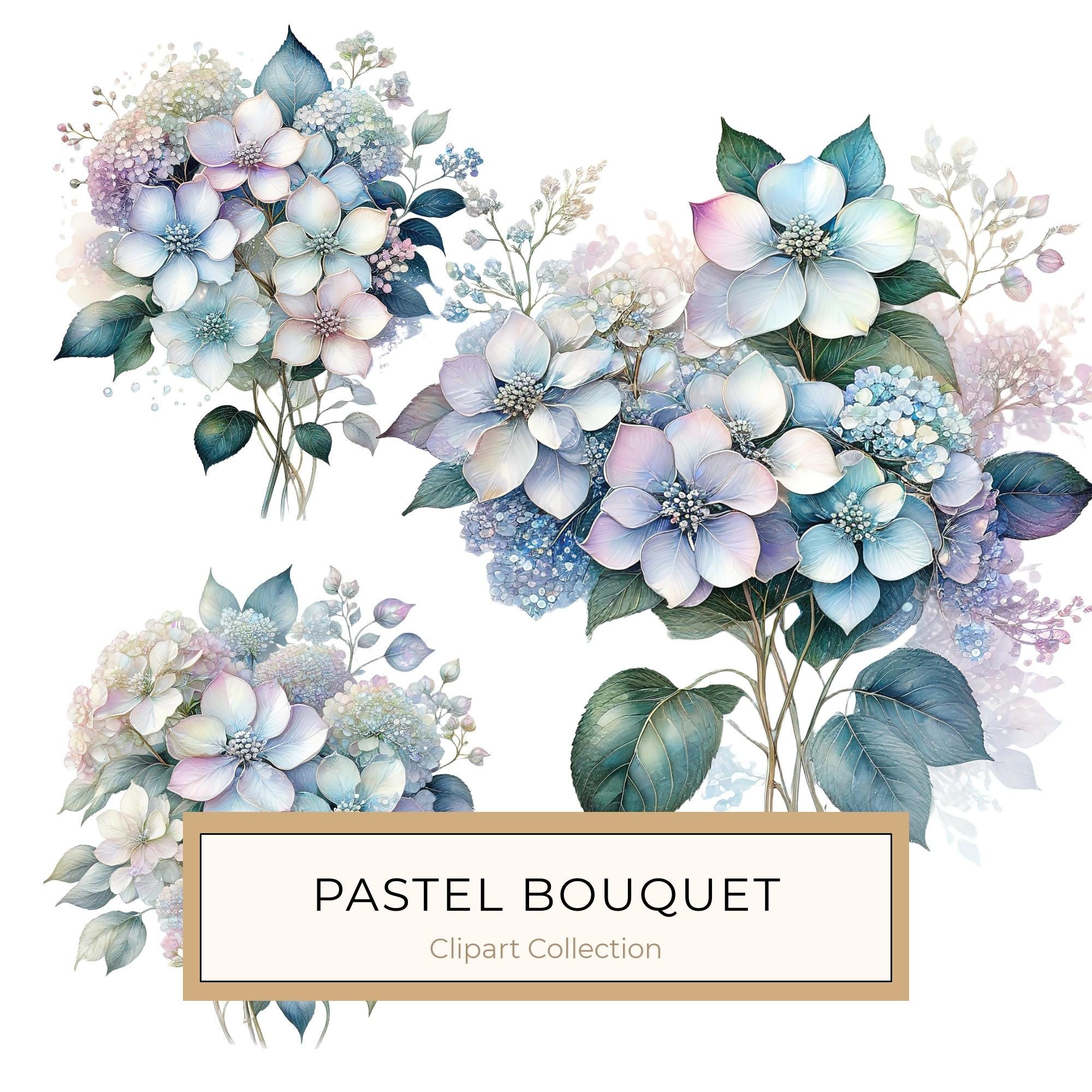 Watercolor Hydrangea Clipart: Pastel Floral PNG JPG Set (Commercial Use)