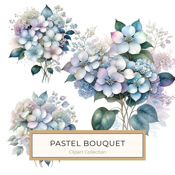 Watercolor Hydrangea Clipart: Pastel Floral PNG JPG Set (Commercial Use)