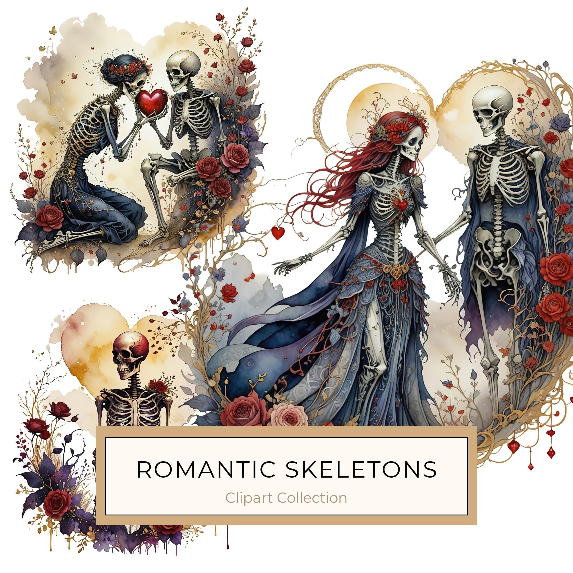 Skeleton Lover Clipart: Earthy Watercolor Gothic Romance (PNG JPG)