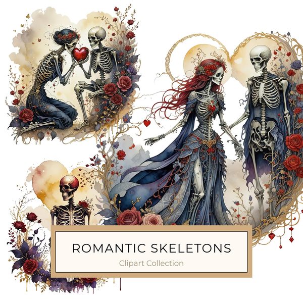 Skeleton Lover Clipart: Earthy Watercolor Gothic Romance (PNG JPG)