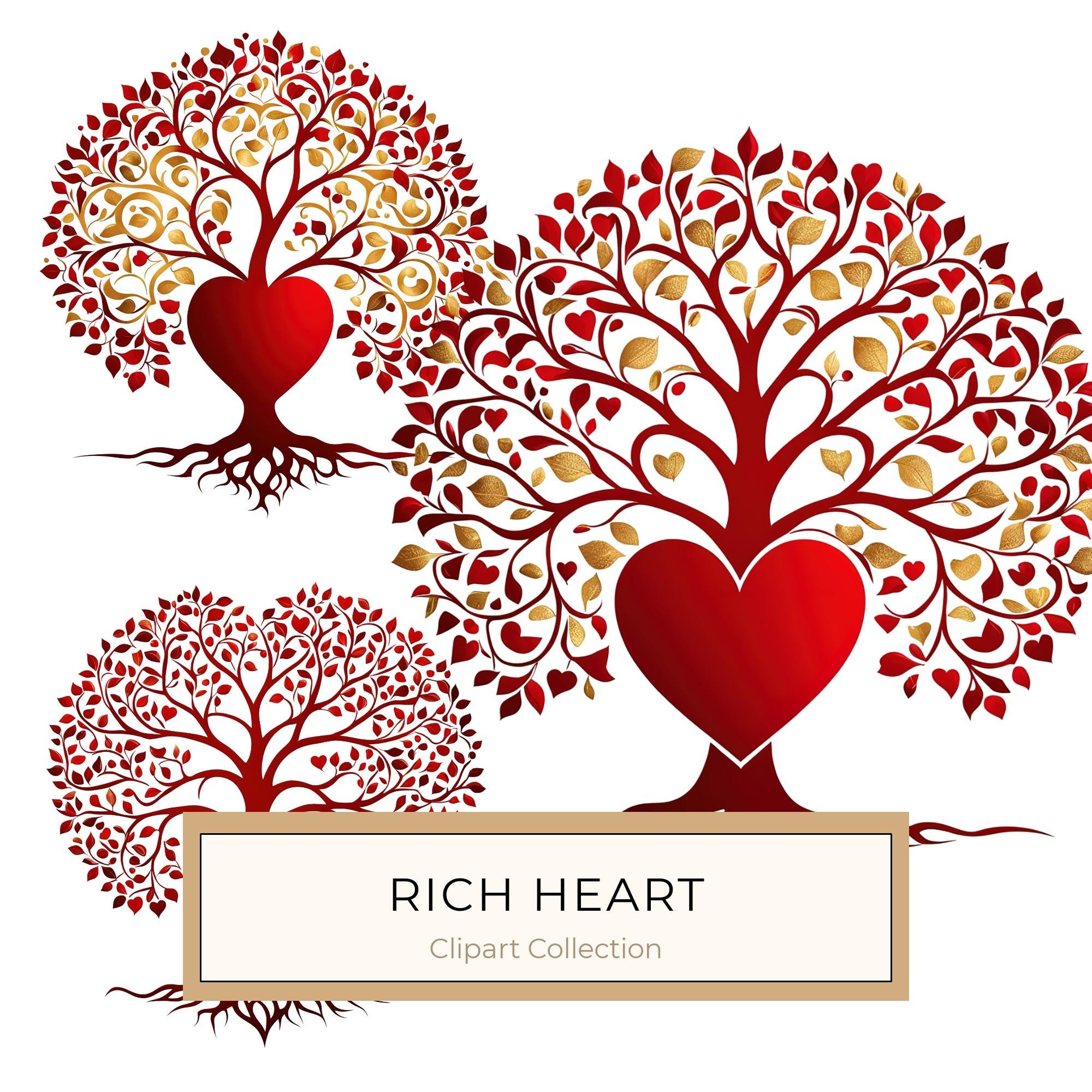 Red & Gold Heart Tree Clipart Set: Commercial Use (JPG, PNG)