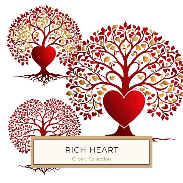 Red & Gold Heart Tree Clipart Set: Commercial Use (JPG, PNG)