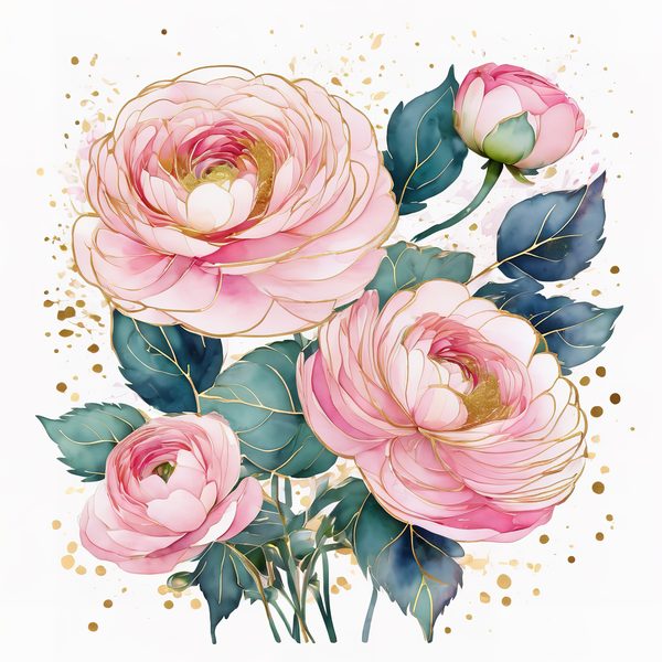 Watercolor Ranunculus Flowers with Delicate Gold Accents Digital Paper Set in Soft Pink & Cream Hues, 10 JPGs, Perfect for Scrapbooking, B — image 1