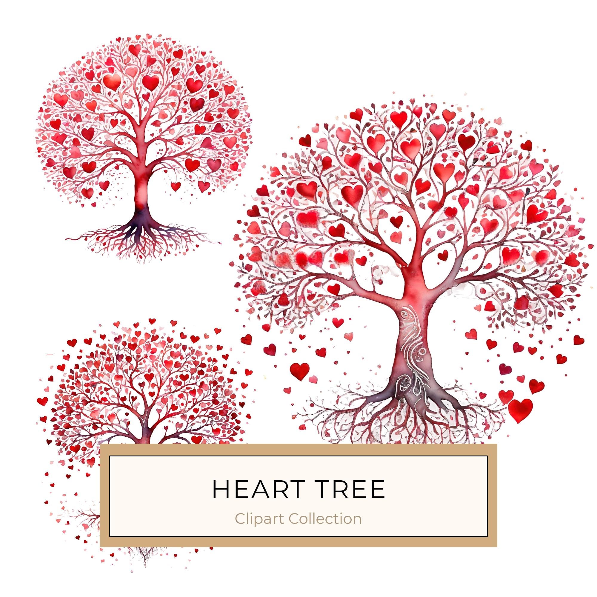 Watercolor Heart Tree Clipart: Warm Reds & Earth Tones (JPG, PNG, Commercial Use)