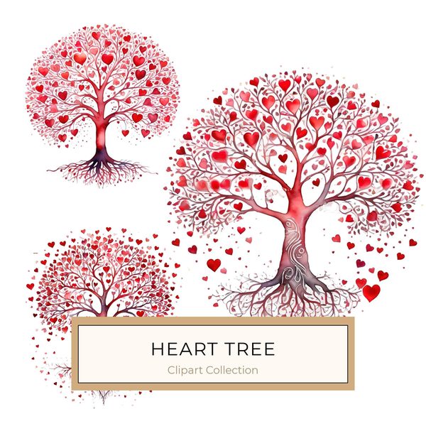 Watercolor Heart Tree Clipart: Warm Reds & Earth Tones (JPG, PNG, Commercial Use)