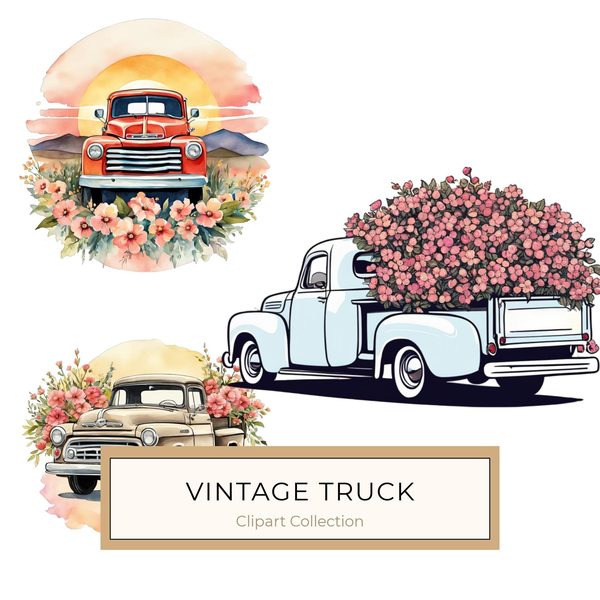 Vintage Truck Floral Clipart Set: Beige & Pink Tones (JPGs PNGs)