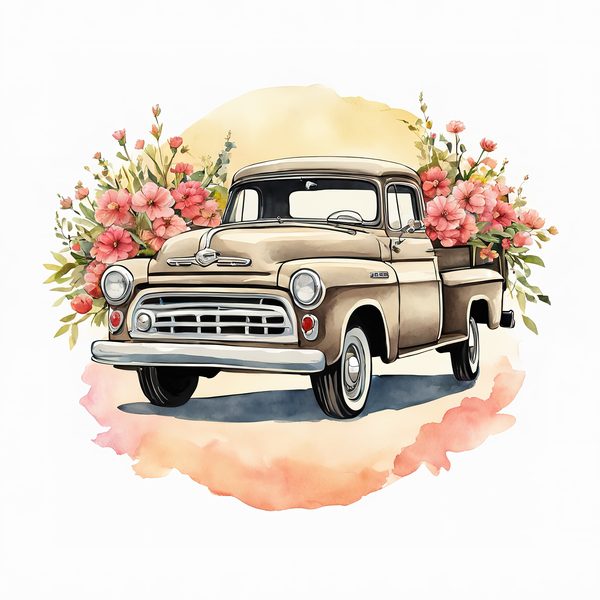 Vintage Truck Floral Clipart Set: Beige & Pink Tones (JPGs PNGs) — image 1