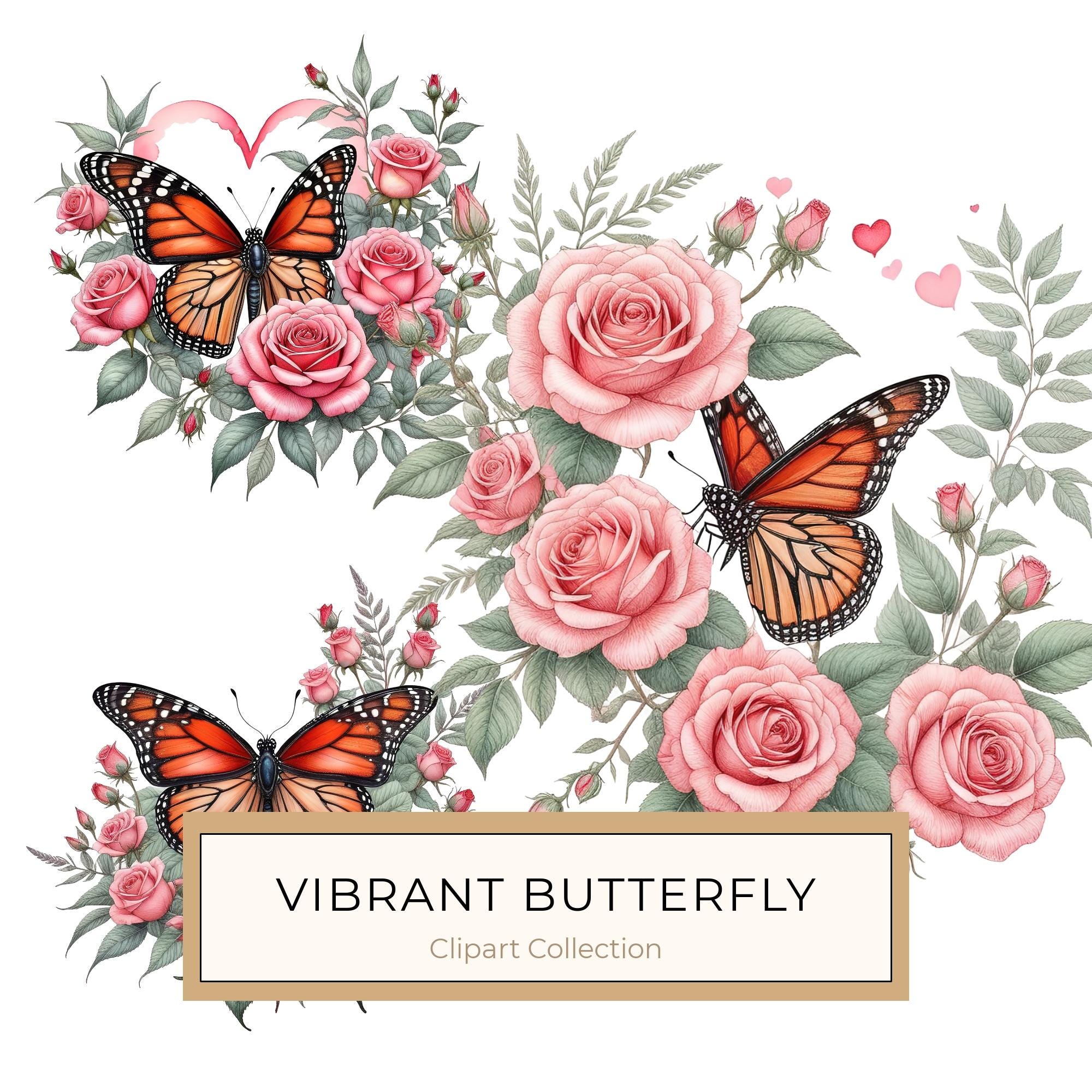 Watercolor Monarch Butterfly with Pink Roses Clipart Set in Soft Hues & Delicate Textures, 10 JPGs, Perfect for Scrapbooking and DIY