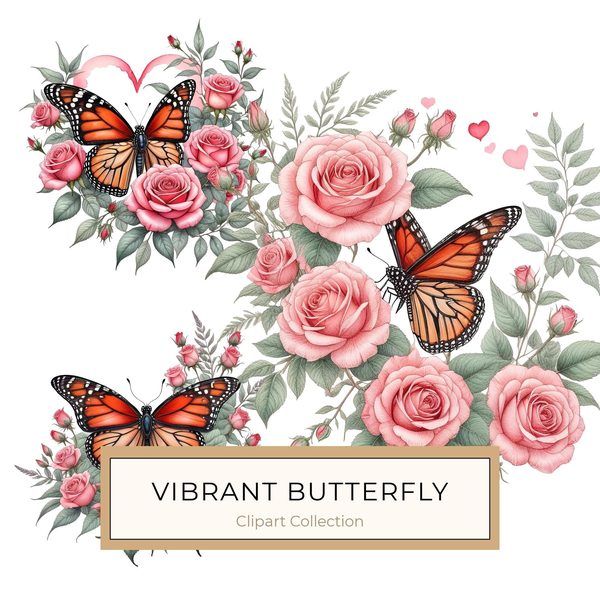 Watercolor Monarch Butterfly with Pink Roses Clipart Set in Soft Hues & Delicate Textures, 10 JPGs, Perfect for Scrapbooking and DIY