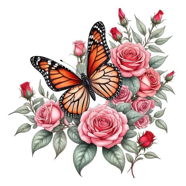 Watercolor Monarch Butterfly with Pink Roses Clipart Set in Soft Hues & Delicate Textures, 10 JPGs, Perfect for Scrapbooking and DIY — image 1