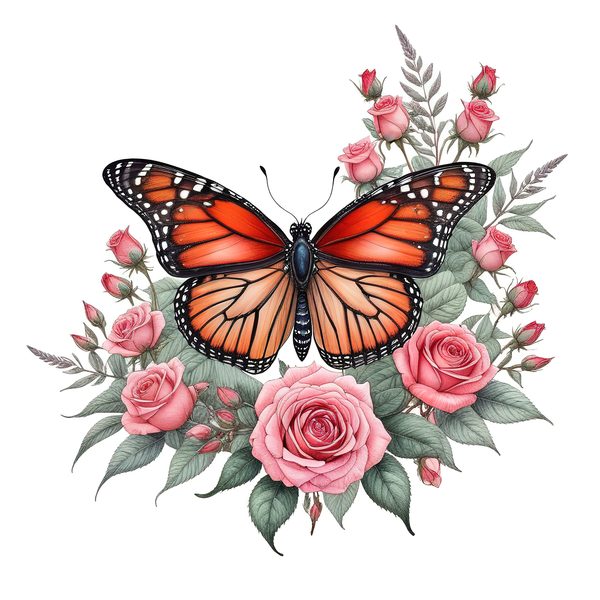 Watercolor Monarch Butterfly with Pink Roses Clipart Set in Soft Hues & Delicate Textures, 10 JPGs, Perfect for Scrapbooking and DIY — image 2