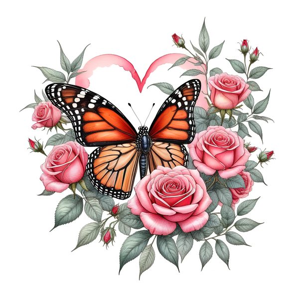 Watercolor Monarch Butterfly with Pink Roses Clipart Set in Soft Hues & Delicate Textures, 10 JPGs, Perfect for Scrapbooking and DIY — image 3