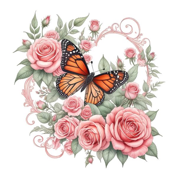 Watercolor Monarch Butterfly with Pink Roses Clipart Set in Soft Hues & Delicate Textures, 10 JPGs, Perfect for Scrapbooking and DIY — image 6