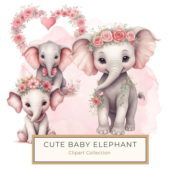 Watercolor Baby Elephant Clipart: Pink Floral Accents (Digital Download)
