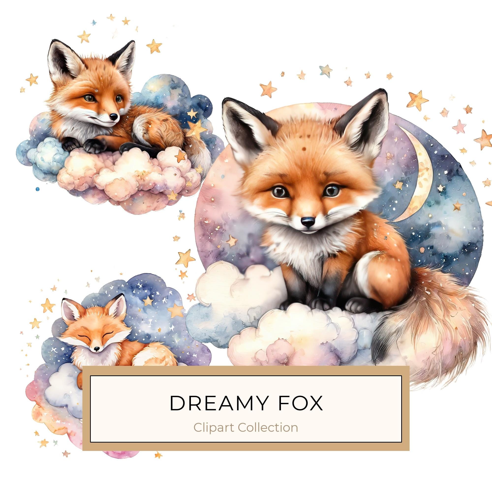 Watercolor Fox Clipart Set: Sleeping on Cloud, Pastel Nursery (PNGs, JPGs)