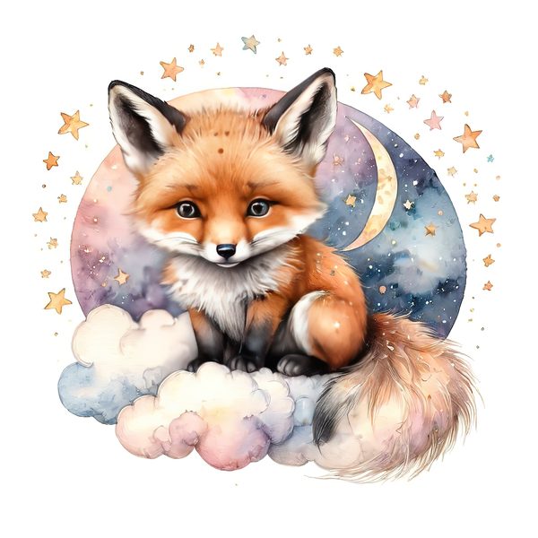 Watercolor Fox Clipart Set: Sleeping on Cloud, Pastel Nursery (PNGs, JPGs) — image 2