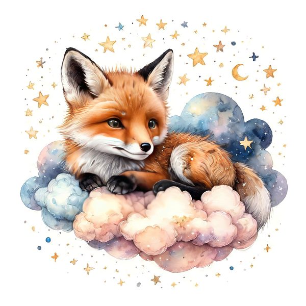 Watercolor Fox Clipart Set: Sleeping on Cloud, Pastel Nursery (PNGs, JPGs) — image 3